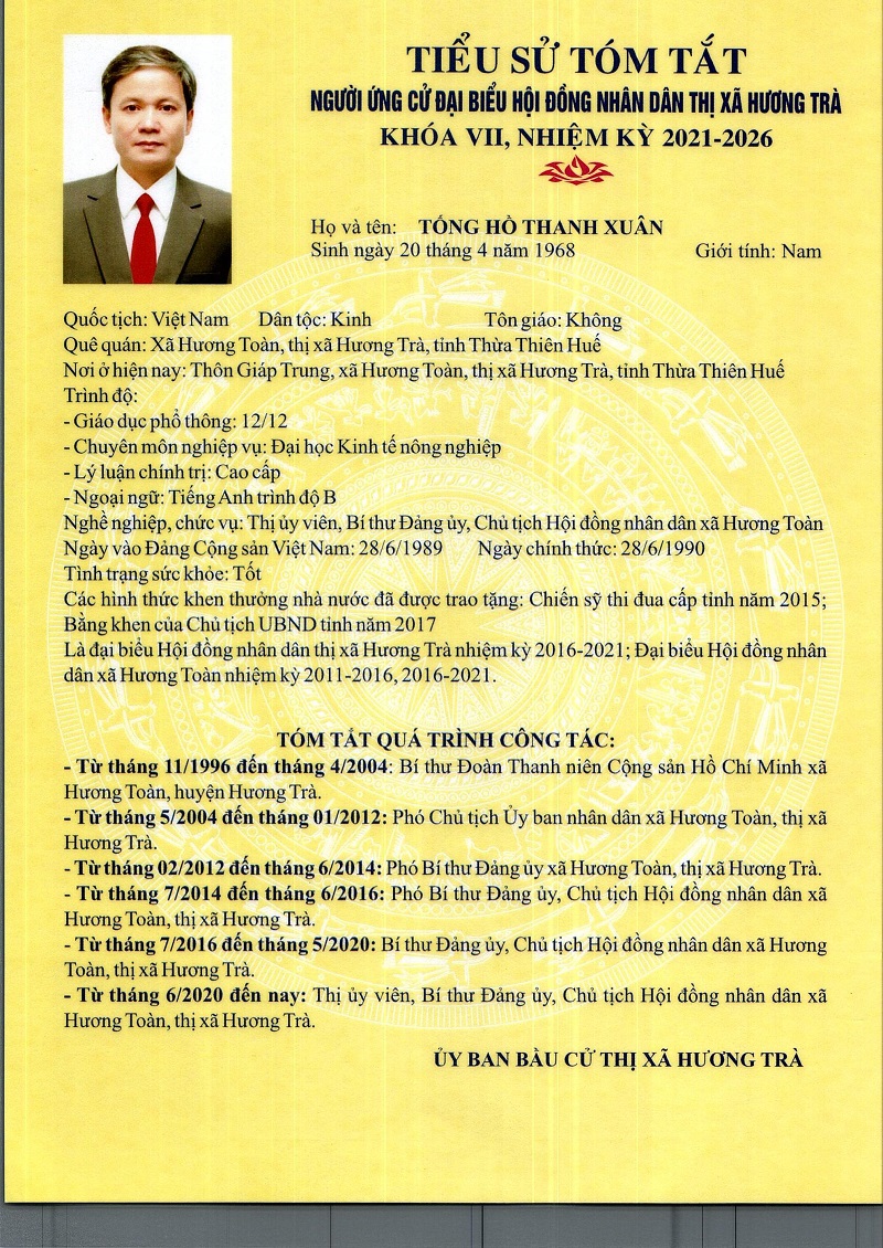 Tiểu sử và chương trình hành động của ông Tống Hồ Thanh Xuân, ứng cử Đại biểu HĐND thị xã khóa VII, nhiệm kỳ 2021 - 2026